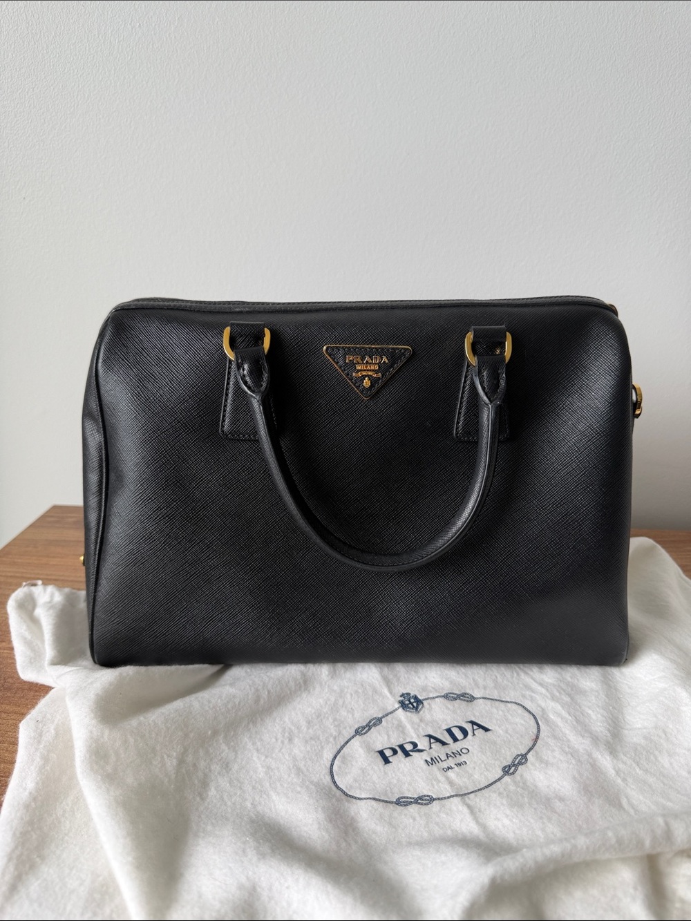 Prada Black Saffiano Leather Satchel with Gold Hardware